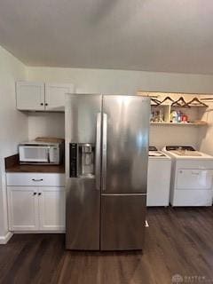 1006 Terracewood Dr, Englewood, OH 45322 - kitchen featuring stainless steel refrigerator with ice dispenser, washing machine and clothes dryer, dark wood-type flooring, and white microwave