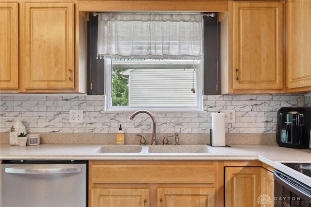 5545 Stone Path Dr, Middletown, OH 45042 - kitchen with stainless steel dishwasher, light countertops, backsplash, range with electric cooktop, and light brown cabinets