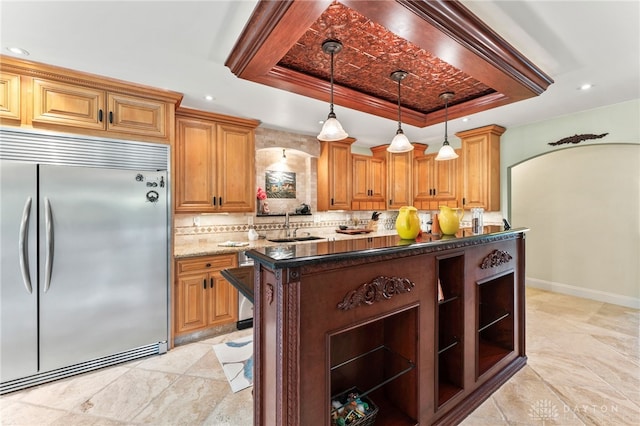 255 Belle Watlin Ct, Dayton, OH 45434 - kitchen featuring stainless steel built in refrigerator, a raised ceiling, open shelves, tasteful backsplash, and decorative light fixtures