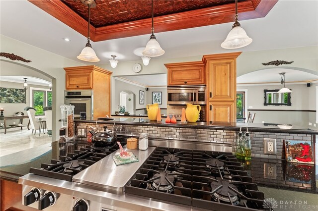 255 Belle Watlin Ct, Dayton, OH 45434 - kitchen featuring arched walkways, a tray ceiling, stainless steel appliances, ornamental molding, and decorative light fixtures