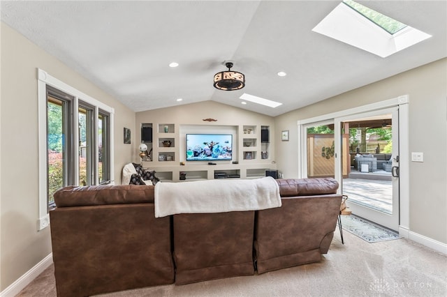 255 Belle Watlin Ct, Dayton, OH 45434 - living room with a skylight, lofted ceiling, light carpet, built in features, and recessed lighting