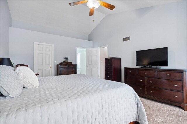 25 Huntley Ct, Springboro, OH 45066 - bedroom featuring high vaulted ceiling, light carpet, and ceiling fan