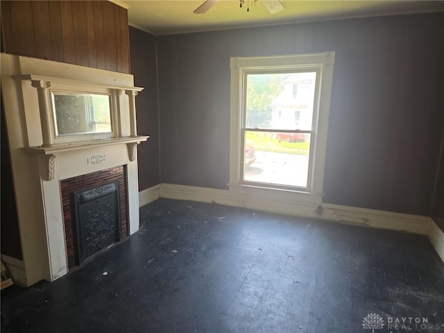 800 Linden Ave, Dayton, OH 45410 - unfurnished living room featuring a fireplace, ceiling fan, and ornamental molding
