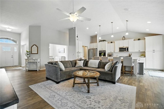 3109 Running Deer Trl, Franklin Twp, OH 45005 - living room featuring high vaulted ceiling, dark wood finished floors, and ceiling fan
