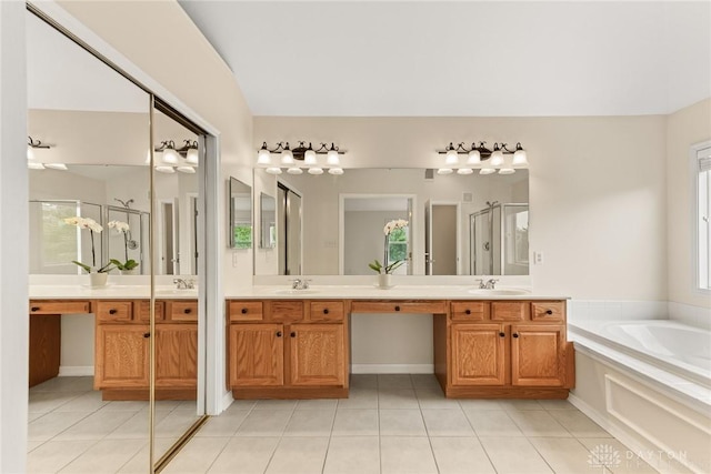 9764 Olde Georgetown Way, Dayton, OH 45458 - bathroom featuring a stall shower, tile patterned floors, a garden tub, and double vanity