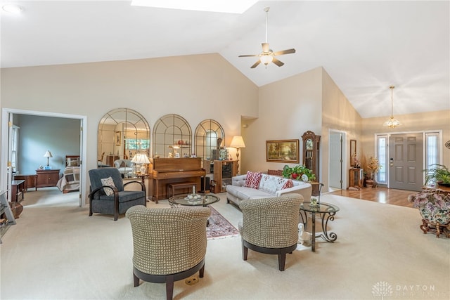 866 Deer Run Rd, Centerville, OH 45459 - carpeted living room with high vaulted ceiling, a ceiling fan, and healthy amount of natural light