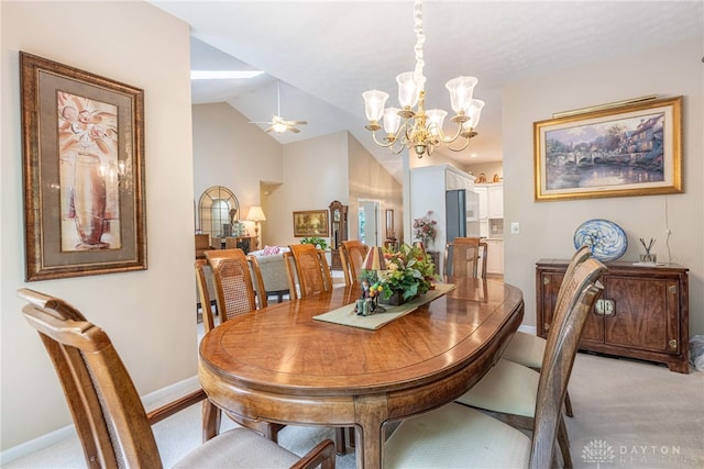 866 Deer Run Rd, Centerville, OH 45459 - dining room featuring a chandelier, vaulted ceiling, light colored carpet, and ceiling fan