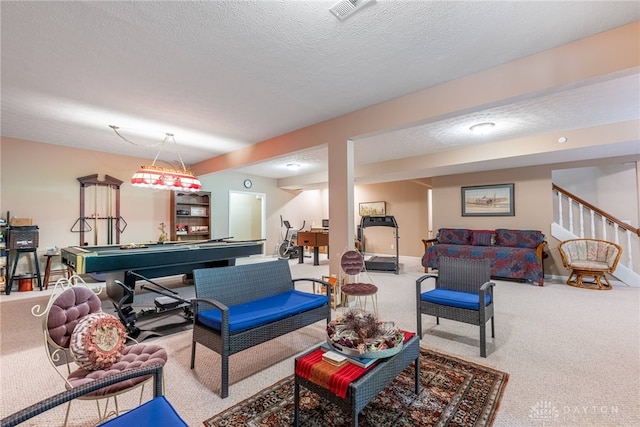 866 Deer Run Rd, Centerville, OH 45459 - carpeted living room with pool table, a textured ceiling, and stairs