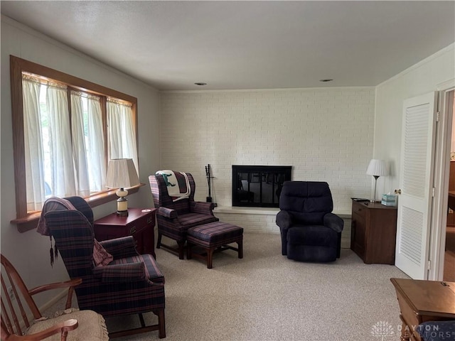 435 Nies Ave, Englewood, OH 45322 - carpeted living room featuring crown molding and a brick fireplace