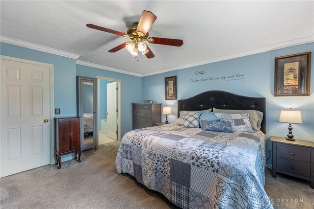 30 Salem Dr, Springboro, OH 45066 - bedroom featuring carpet, ornamental molding, a ceiling fan, and connected bathroom