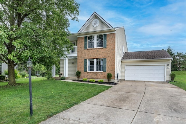 30 Salem Dr, Springboro, OH 45066 - view of front of property featuring a balcony, concrete driveway, a front yard, an attached garage, and brick siding