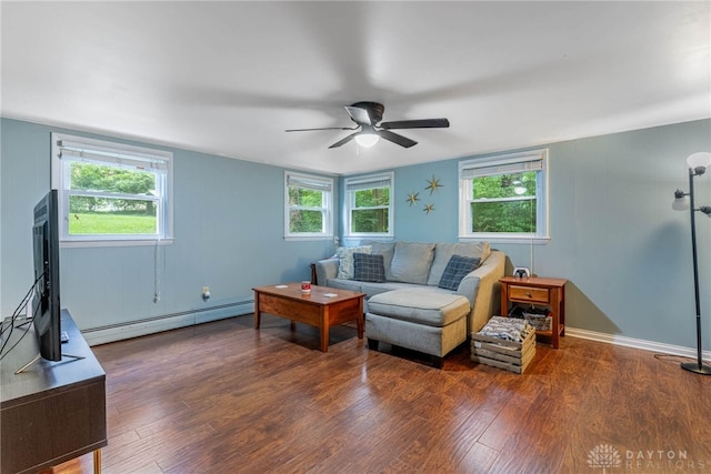 3105 Shadow Hill Rd, Middletown, OH 45042 - living area with a baseboard radiator, ceiling fan, and wood finished floors