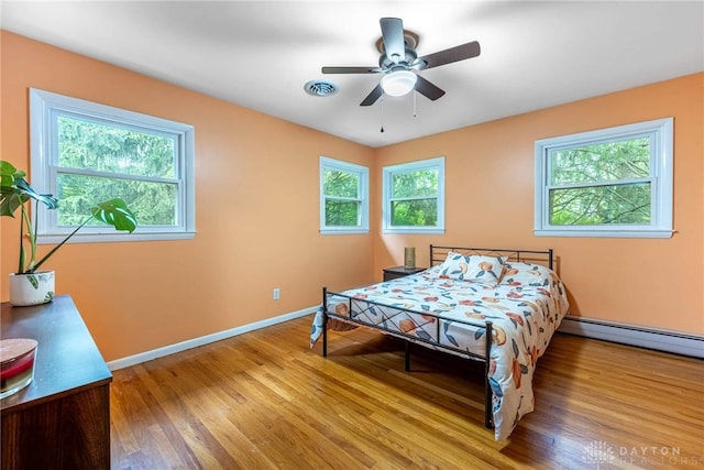 3105 Shadow Hill Rd, Middletown, OH 45042 - bedroom with light wood-style floors, a ceiling fan, and baseboard heating