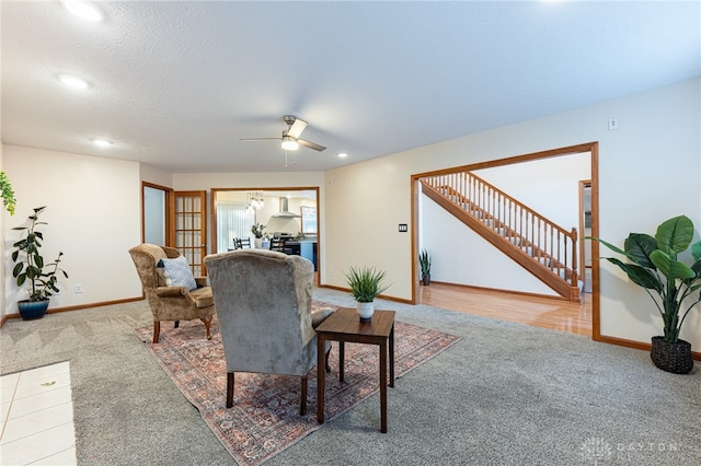 2610 Yorktown Ct, Beavercreek, OH 45434 - carpeted living area with a ceiling fan, recessed lighting, and stairway