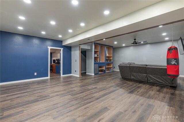 2610 Yorktown Ct, Beavercreek, OH 45434 - living area with dark wood-style floors, a ceiling fan, and recessed lighting