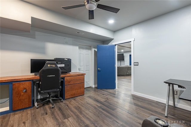 2610 Yorktown Ct, Beavercreek, OH 45434 - home office with dark wood-type flooring, ceiling fan, and recessed lighting
