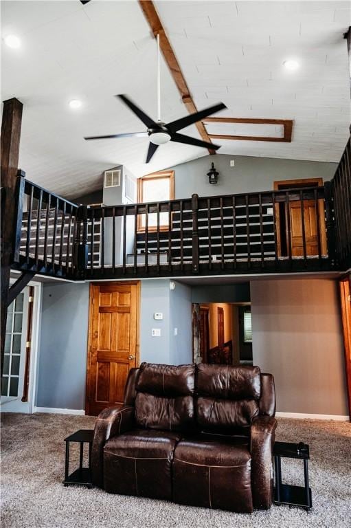 916 Wilson Rd, Troy, OH 45373 - living room featuring high vaulted ceiling, carpet floors, ceiling fan, and recessed lighting