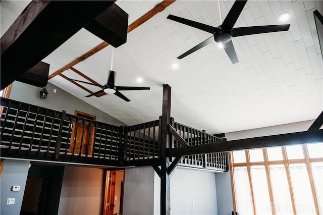 916 Wilson Rd, Troy, OH 45373 - stairway featuring ceiling fan, high vaulted ceiling, recessed lighting, and beam ceiling