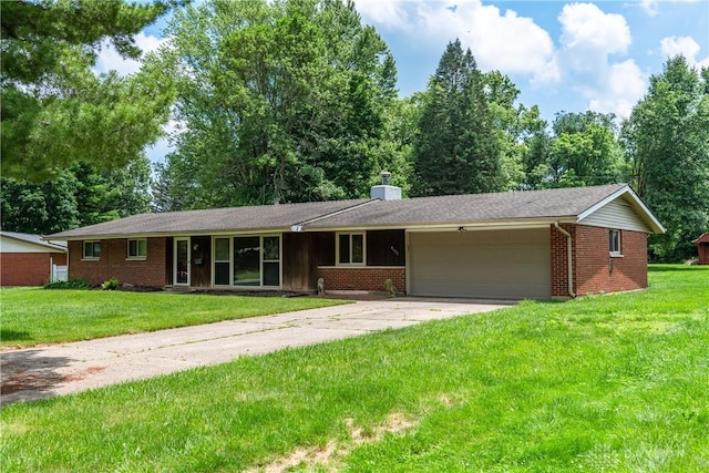 4155 Eckworth, Bellbrook, OH 45305 - ranch-style home with a garage, driveway, brick siding, a chimney, and a front lawn