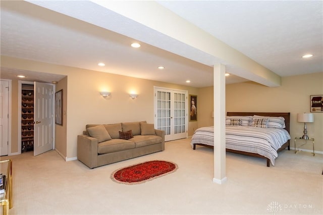 3917 E Summit Ridge Dr, Beavercreek, OH 45430 - bedroom featuring light carpet, recessed lighting, and french doors