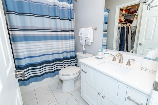 3917 E Summit Ridge Dr, Beavercreek, OH 45430 - bathroom featuring vanity, marble finish flooring, a spacious closet, and shower / bath combination with curtain