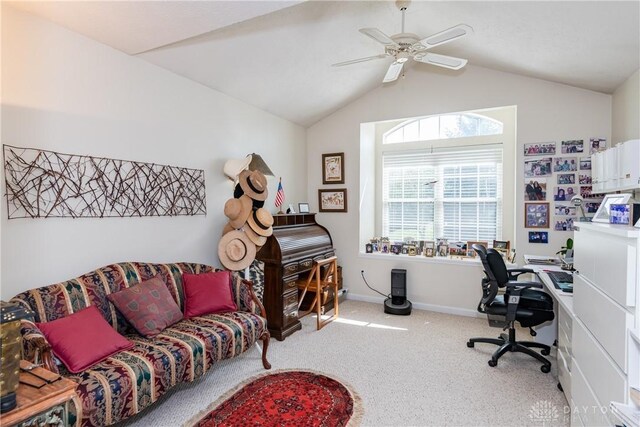 3917 E Summit Ridge Dr, Beavercreek, OH 45430 - office with carpet floors, a ceiling fan, and vaulted ceiling