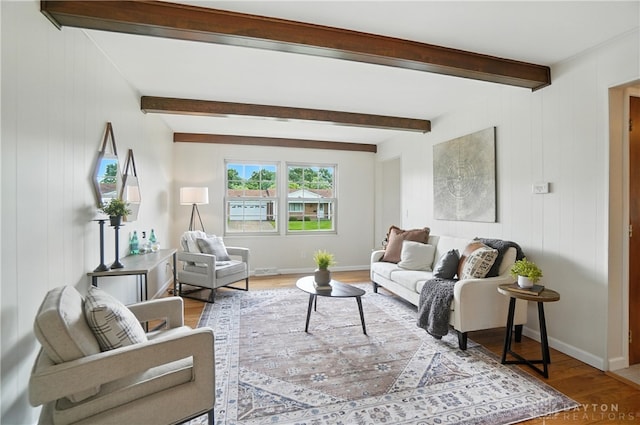 1023 Hilliard Dr, Delhi Twp, OH 45238 - living area with wood finished floors, beam ceiling, and wooden walls