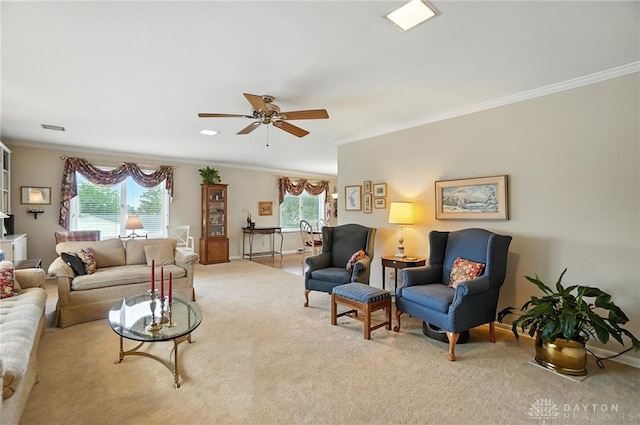 1804 Schirm Dr, Middletown, OH 45042 - carpeted living room with healthy amount of natural light, crown molding, and a ceiling fan