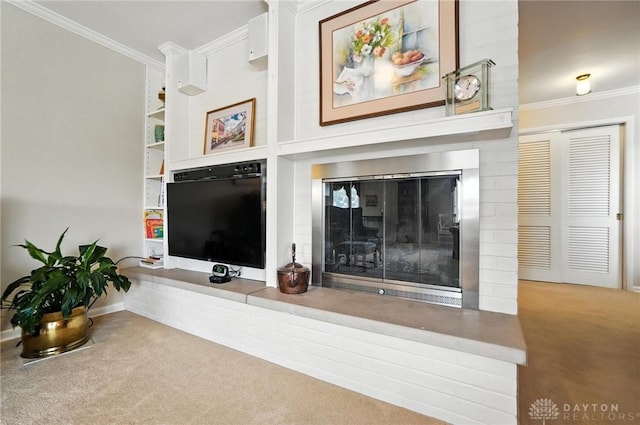 1804 Schirm Dr, Middletown, OH 45042 - detailed view of carpet floors, crown molding, built in features, and a brick fireplace