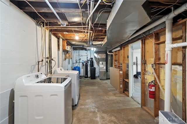 945 Oakland Dr, Beavercreek Twp, OH 45434 - unfinished below grade area featuring separate washer and dryer, heating unit, and a water pressure tank