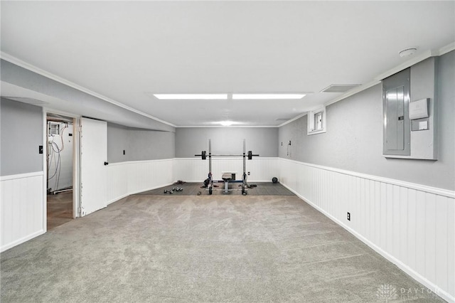 945 Oakland Dr, Beavercreek Twp, OH 45434 - exercise room with electric panel, carpet, wainscoting, and crown molding