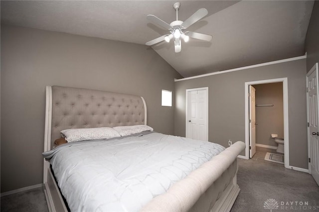 2858 Willow Ridge Dr, Colerain Twp, OH 45251 - bedroom featuring carpet floors, vaulted ceiling, connected bathroom, and a ceiling fan