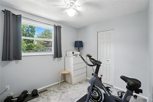 1424 Hillary Ln, Mason, OH 45040 - exercise area featuring light colored carpet, a textured ceiling, and a ceiling fan