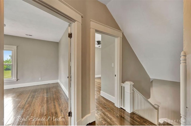 200 Garfield St, Middletown, OH 45044 - corridor with an upstairs landing, wood finished floors, and vaulted ceiling