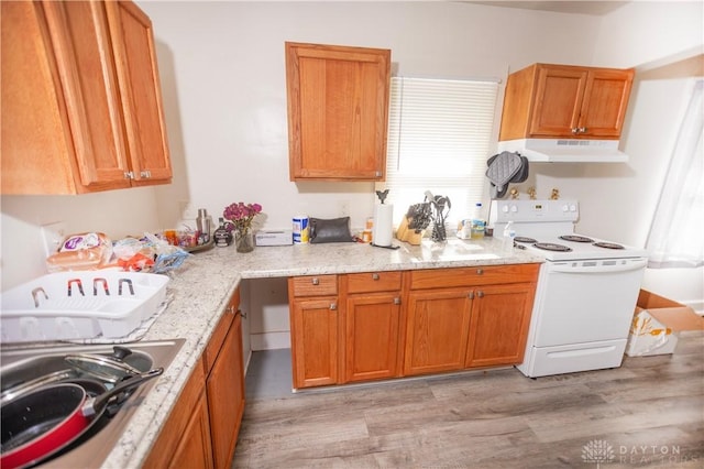 2107 Woodlawn Ave, Middletown, OH 45044 - kitchen featuring white range with electric cooktop, under cabinet range hood, light wood finished floors, and brown cabinetry