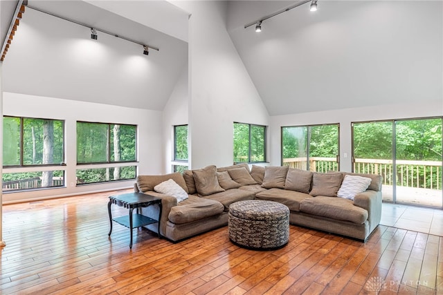 1839 Quail Hollow Rd, Washington Twp, OH 45459 - living room with track lighting, high vaulted ceiling, and hardwood / wood-style floors
