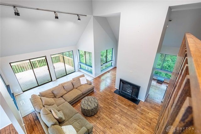 1839 Quail Hollow Rd, Washington Twp, OH 45459 - living room with rail lighting, high vaulted ceiling, hardwood / wood-style flooring, and a fireplace