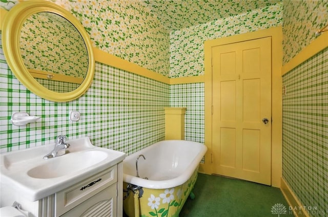 1160 Lytle Ln, Kettering, OH 45409 - full bathroom featuring wallpapered walls, a freestanding bath, and vanity