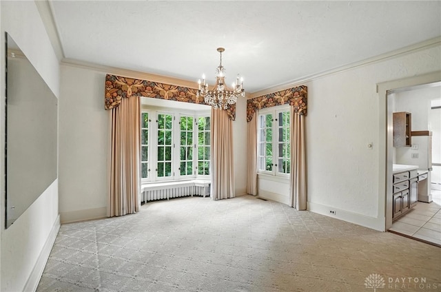 1160 Lytle Ln, Kettering, OH 45409 - unfurnished dining area with radiator heating unit, a chandelier, light carpet, and ornamental molding