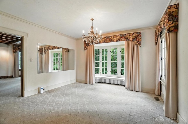 1160 Lytle Ln, Kettering, OH 45409 - carpeted empty room with a chandelier, ornamental molding, and radiator heating unit
