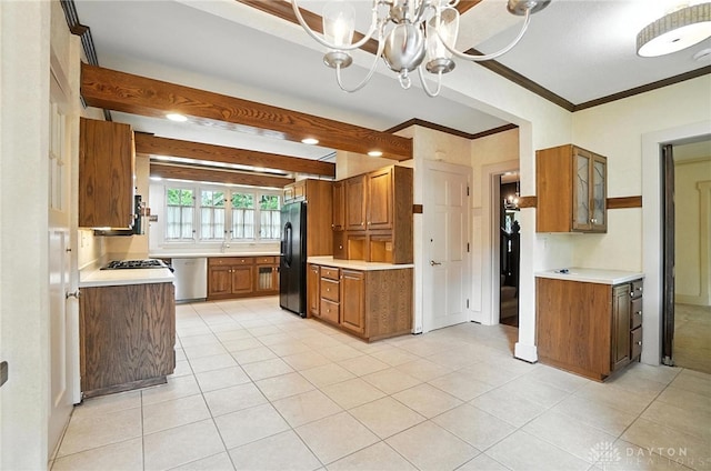 1160 Lytle Ln, Kettering, OH 45409 - kitchen with black fridge with ice dispenser, dishwasher, ornamental molding, brown cabinets, and light tile patterned flooring
