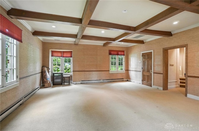 1160 Lytle Ln, Kettering, OH 45409 - spare room featuring a baseboard heating unit, healthy amount of natural light, beam ceiling, coffered ceiling, and recessed lighting