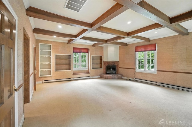 1160 Lytle Ln, Kettering, OH 45409 - unfurnished living room featuring a baseboard radiator, beamed ceiling, healthy amount of natural light, a fireplace, and coffered ceiling