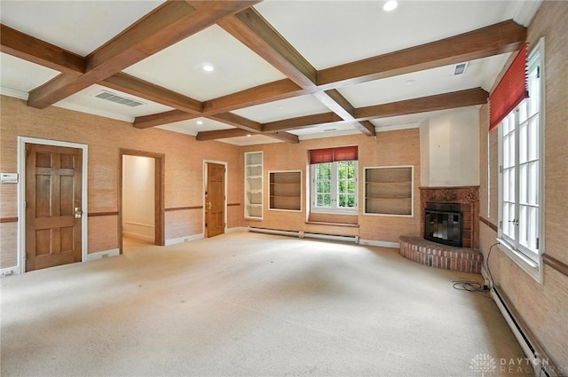 1160 Lytle Ln, Kettering, OH 45409 - unfurnished living room featuring a baseboard radiator, baseboard heating, beamed ceiling, coffered ceiling, and a brick fireplace