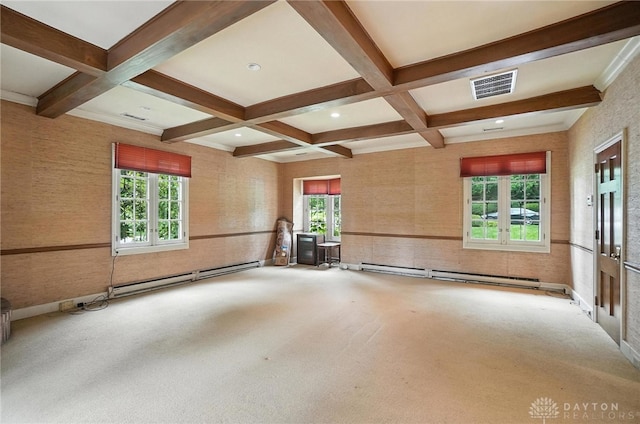 1160 Lytle Ln, Kettering, OH 45409 - carpeted spare room with a baseboard radiator, baseboard heating, beam ceiling, plenty of natural light, and coffered ceiling