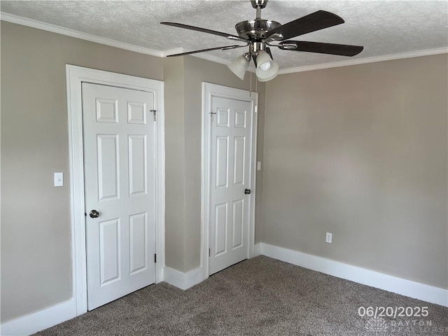 1410 Carlisle Ave, Dayton, OH 45420 - unfurnished bedroom featuring carpet flooring, a textured ceiling, ornamental molding, and a ceiling fan
