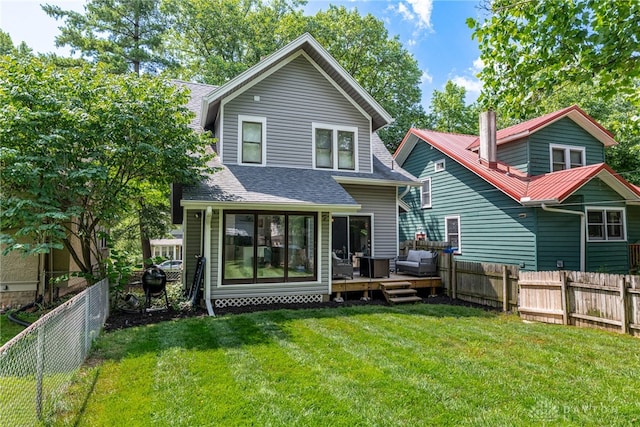 1525 Crescent Blvd, Kettering, OH 45409 - rear view of house featuring a deck, a fenced backyard, roof with shingles, and an outdoor living space