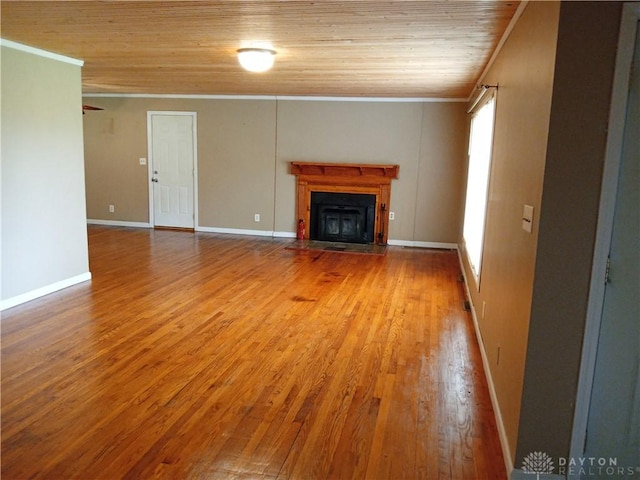 5757 S Dixie Hwy, Franklin, OH 45005 - unfurnished living room featuring crown molding, wood-type flooring, a fireplace with flush hearth, and wood ceiling
