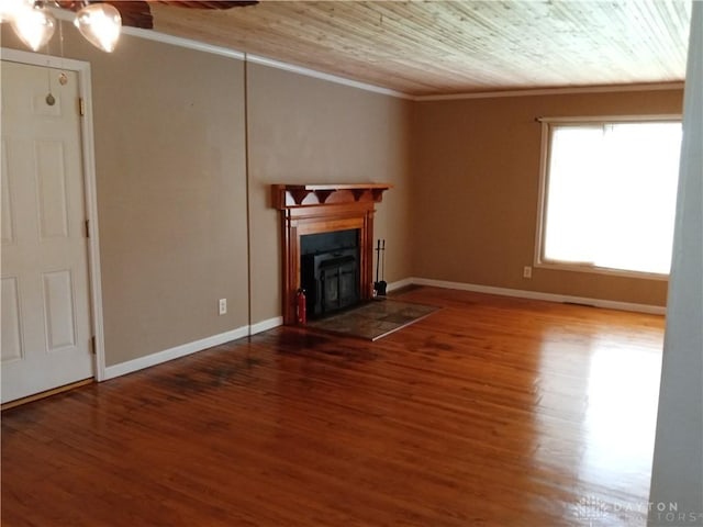 5757 S Dixie Hwy, Franklin, OH 45005 - unfurnished living room featuring crown molding, ceiling fan, a fireplace, wood finished floors, and wooden ceiling