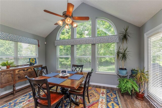 1210 Greystone Cir, Dayton, OH 45414 - dining area featuring lofted ceiling, a ceiling fan, and wood finished floors